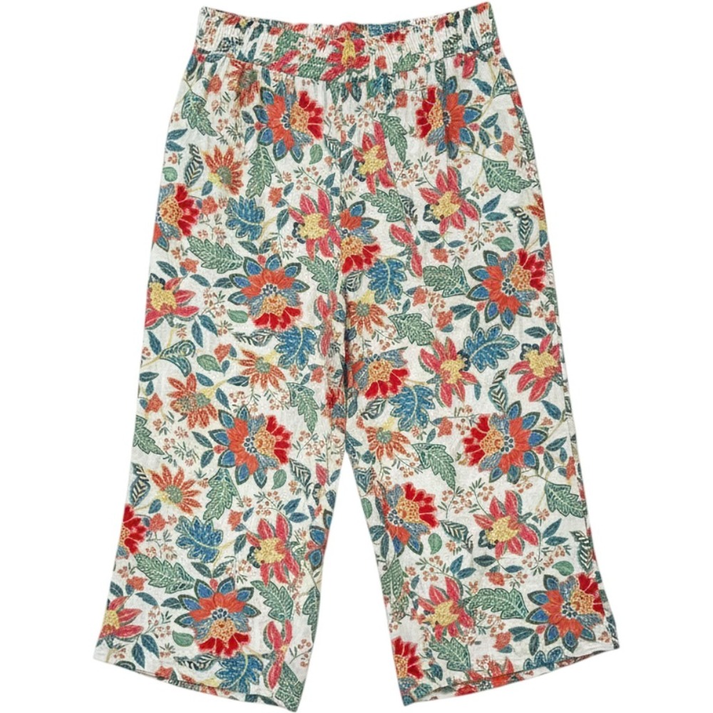 Rose + Olive Floral Wide Leg Cropped Pants Womens 2X Elastic Waist Pockets Boho